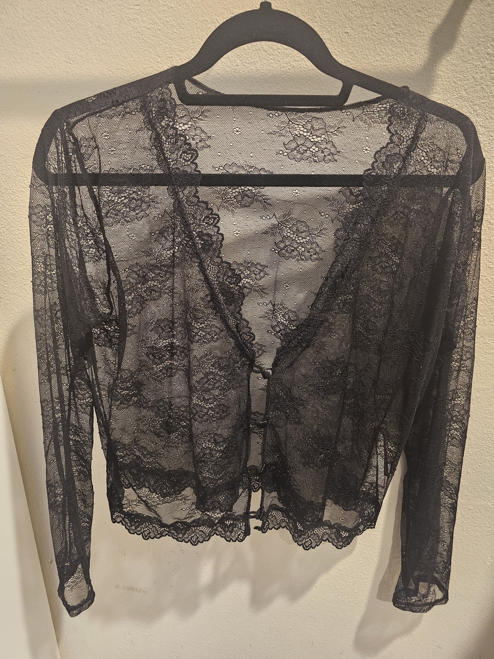 Sheer Lace Tie-Front Robe - Black